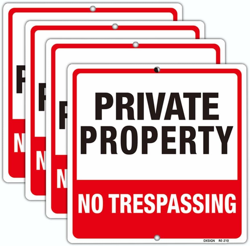 4-Pack No Trespassing Sign for Private Property - 9x9 Inch Aluminum, 40 Mil Thick, UV Ink Printed, Weatherproof Red and White Yard Signs for Home, Front Door, Outdoor Use