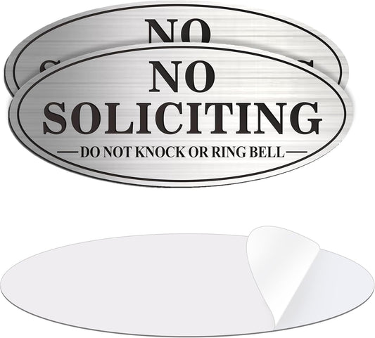 2-Pack No Soliciting Metal Signs for House Door - 7.0 x 3.0 Inches, Self-Adhesive, Waterproof & Weather-Resistant, Ideal for Office, Home, and Business Use