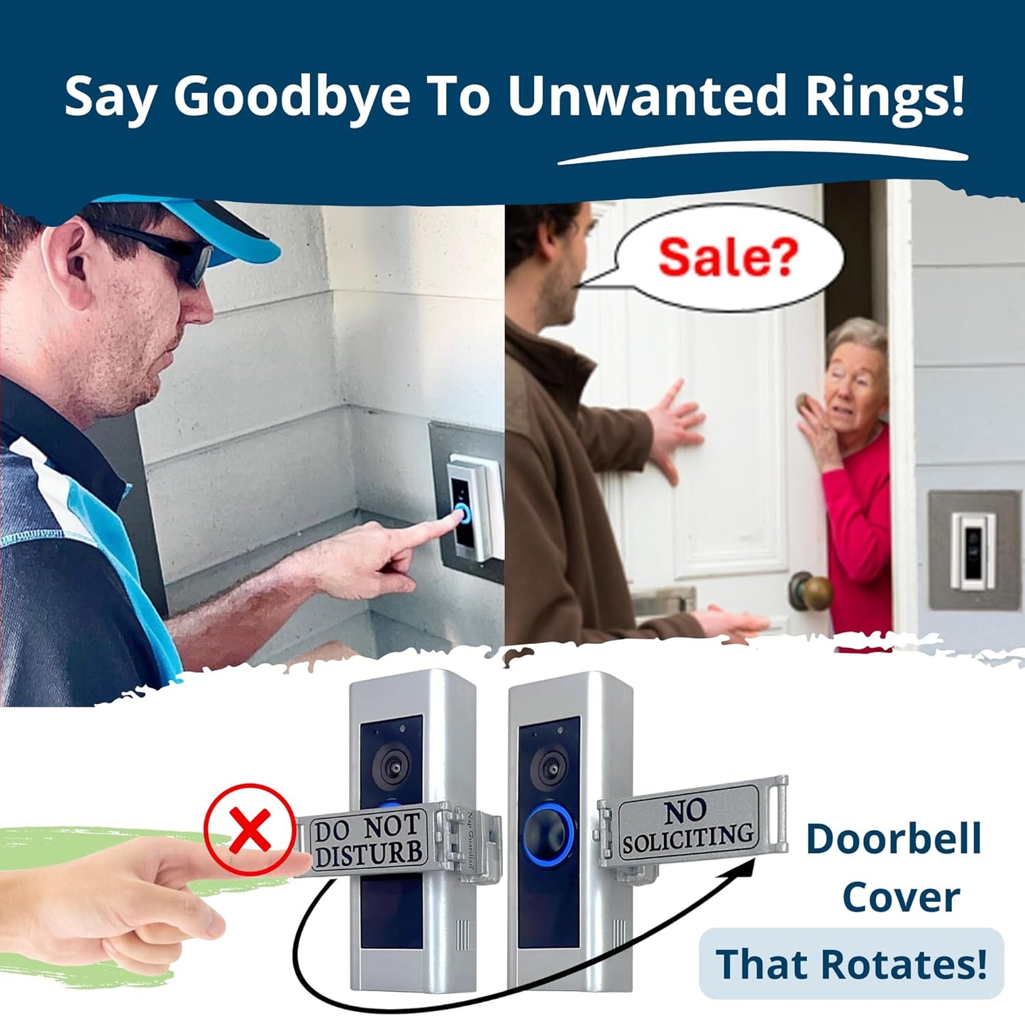 Universal Rotating Doorbell Cover - DO NOT DISTURB & NO SOLICITING, Tool-Free, Fits Video & Standard Buttons