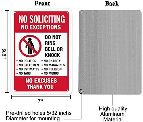 2-Pack No Soliciting Sign - 7x9.8 Inch Durable Aluminum Door & Yard Sign for Home, Office, or Business - Weatherproof, Pre-Drilled, No Exceptions