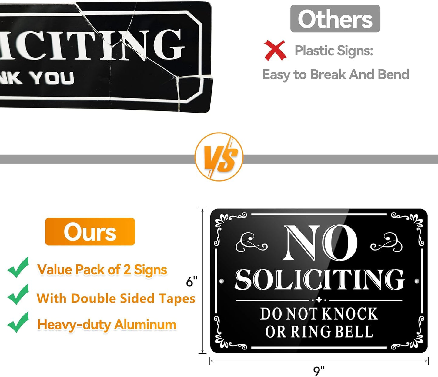 2-Pack No Soliciting Signs for Front Door – 9x6 Inch Self-Adhesive Aluminum Metal Signs for House & Yard