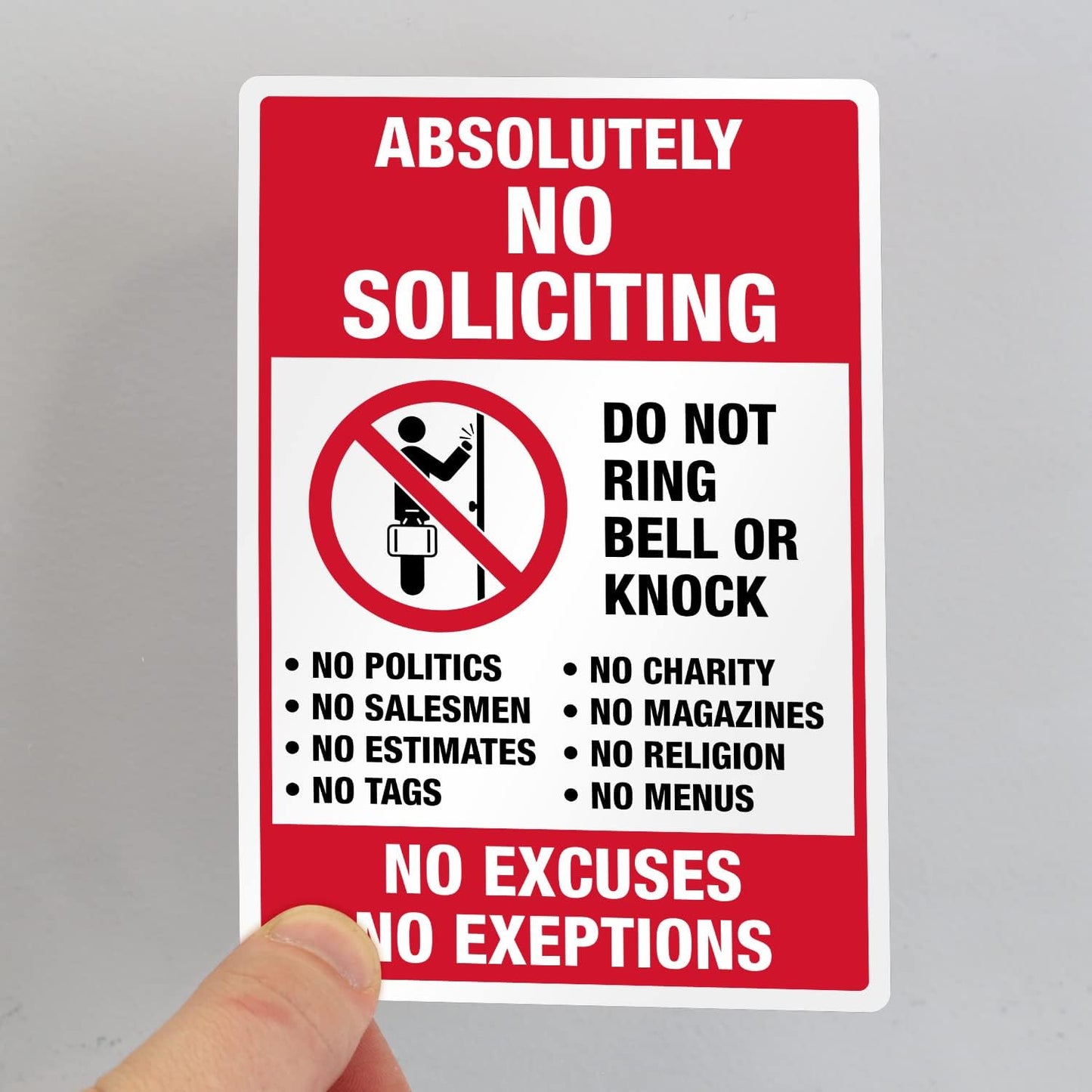 No Soliciting Stickers Set – 3-Pack, No Excuses No Exceptions, Do Not Ring Bell or Knock Decals, Includes 1 x 3.75"x5.5" & 2 x 2.75"x4"