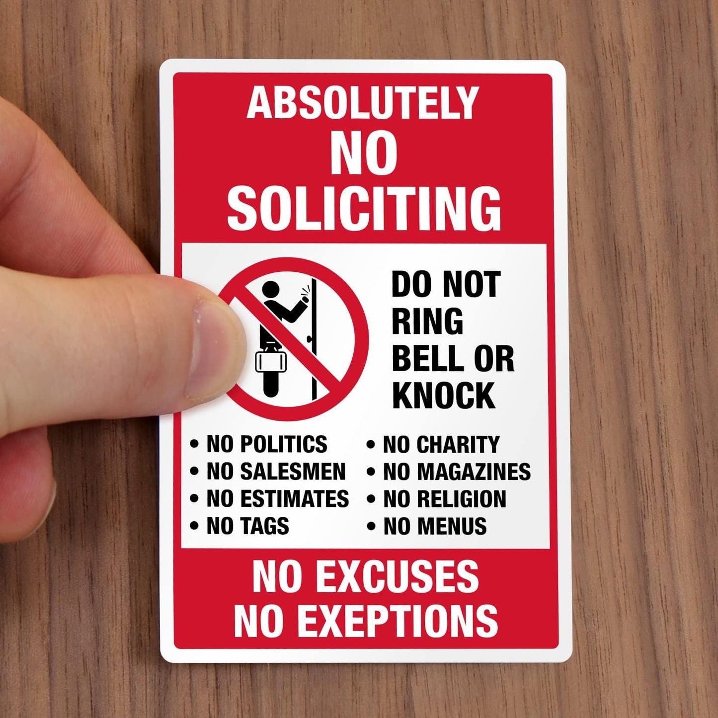 No Soliciting Stickers Set – 3-Pack, No Excuses No Exceptions, Do Not Ring Bell or Knock Decals, Includes 1 x 3.75"x5.5" & 2 x 2.75"x4"