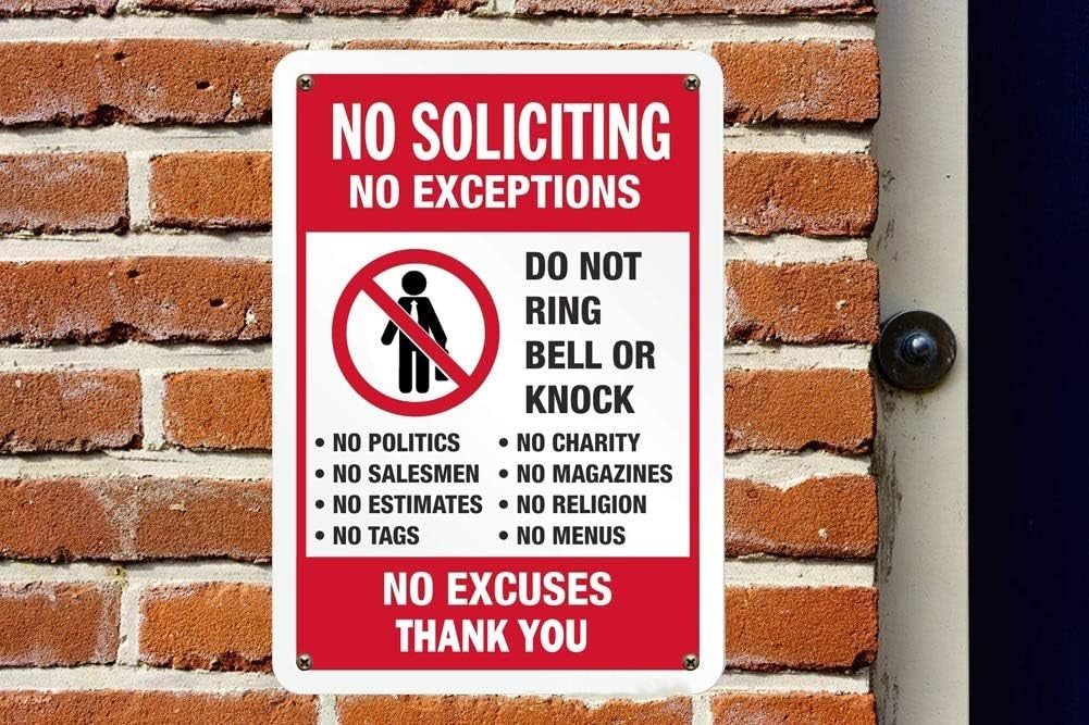 2-Pack No Soliciting Sign - 7x9.8 Inch Durable Aluminum Door & Yard Sign for Home, Office, or Business - Weatherproof, Pre-Drilled, No Exceptions