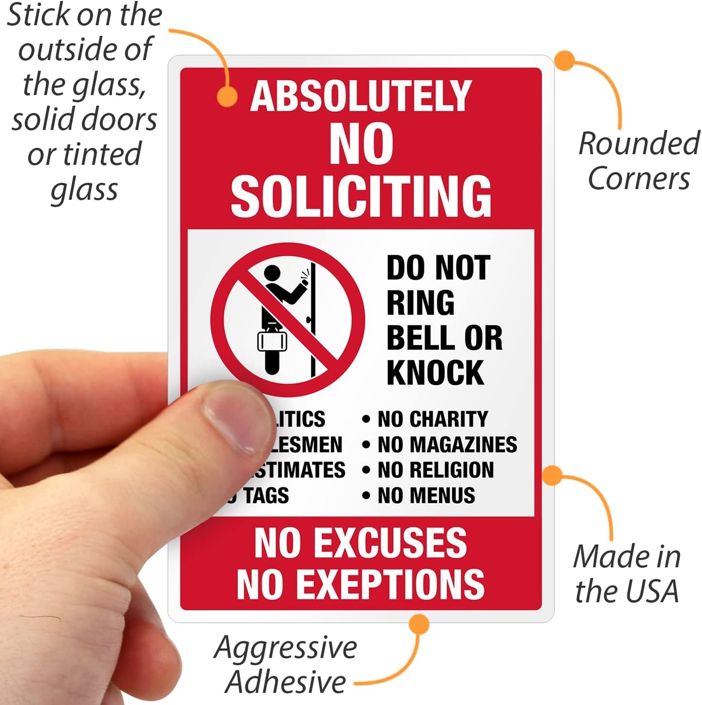 No Soliciting Stickers Set – 3-Pack, No Excuses No Exceptions, Do Not Ring Bell or Knock Decals, Includes 1 x 3.75"x5.5" & 2 x 2.75"x4"