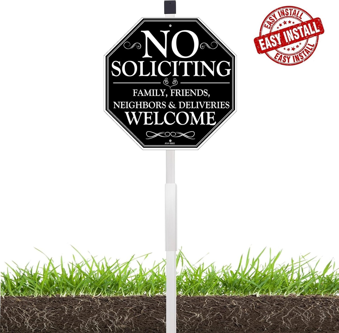 10" x 28" No Soliciting Sign for House with Stake - Durable Metal Aluminum Yard Sign for Home, Easy to Install, Effective Solicitor Deterrent