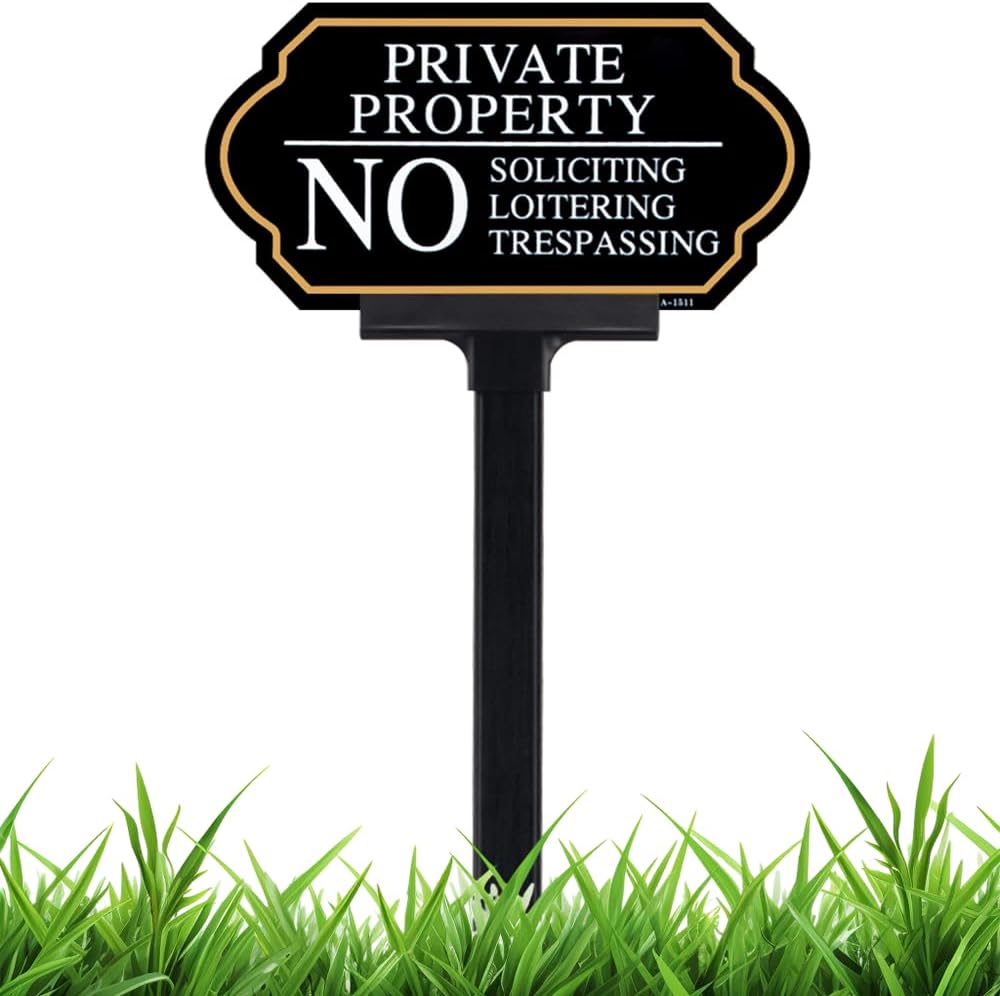 Private Property No Trespassing Sign with Stake - 5x10 Inch Sign, 35 Inch High, No Soliciting Sign for Front Door, Lawns, Gardens, and Business Use